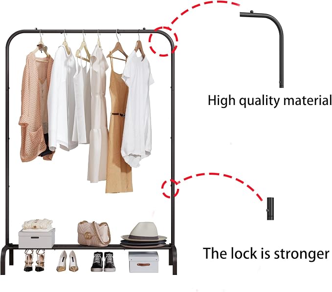 SUOERNUO Garment Racks with Bottom Shelf, Clothing Rack for Hanging Clothes | Metal Portable Clothes Shelves, Clothing Organizer for Bedroom Laundry Living Room, Black