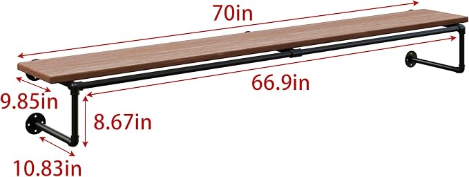 Clothes Rack 70in, Wall Mounted Garment Racks with Real Brown Wood Shelf, Heavy Duty Hanging Clothes Rack, Multi-Purpose Hanging Rod, Space-Saving Closet Storage