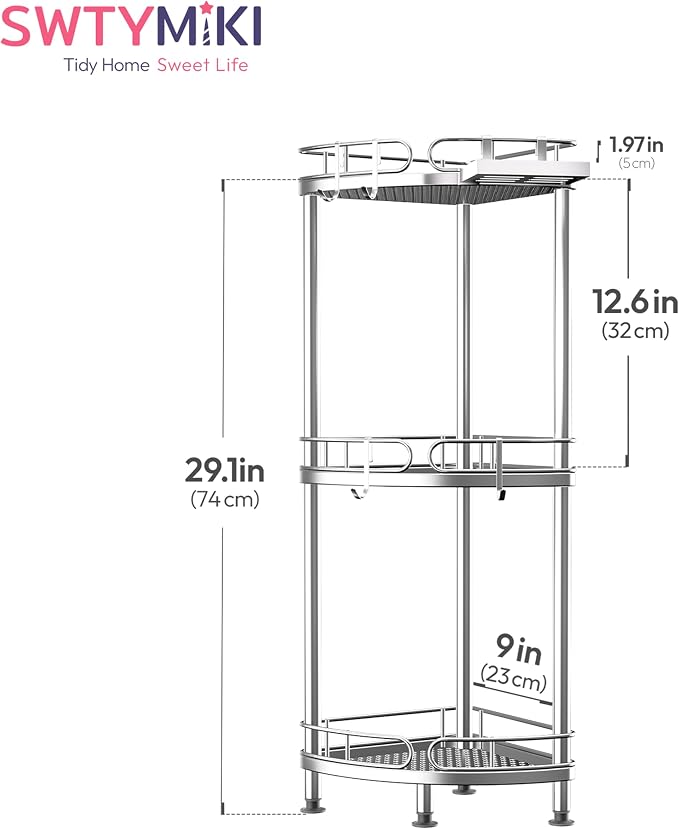 SWTYMIKI Corner Shower Caddy Standing - 3 Tier Rustproof Metal Shower Organizer Stand with Soap Holder and 4 Hooks, Freestanding Floor Shower Storage Stands for Bathroom, Silver