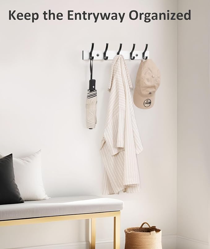 Optish Coat Rack Wall Mount, 16.5 Inches Wood Coat Hooks Wall Mount, Wall Coat Rack with 5 Hooks, Hat Rack Wall Hooks for Hanging Coat, Bag, Towel (1Pack, White)