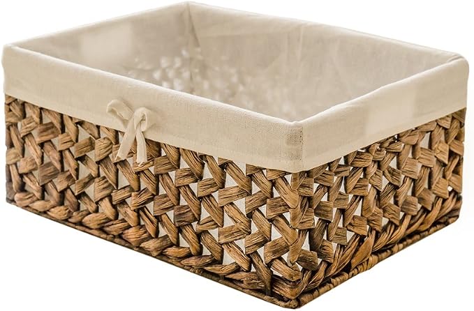 Water Hyacinth Storage Baskets Set of 3 with Metal Frame & Removable Liner, Large Medium Small Rectangular Woven Organizer Bins for Closet, Bedroom, Bathroom, Kitchen, Home Organization