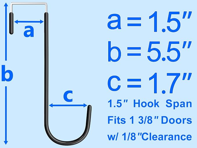 Single Over Door Steel Hooks 4 Pack Fit 1-3/8" Door 5.5" Black | Plastic Coated Rubber Feel Towel Rack Robe Coat Shoe Wreath Hanger No Damage No Scratch for Bathroom Heavy Duty Thin Top