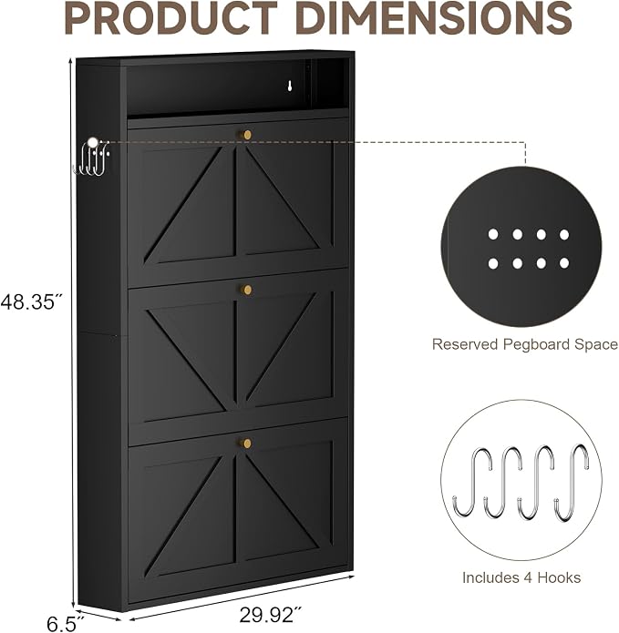 Modern Enclosed Shoe Rack, 3 Flip Drawer Shoe Storage with Open Top Shelf & Hooks, Slim Wall Mounted Shoe Cabinet for Small Space, Thin Storage for Shoes, Anti-Tip Design, Black