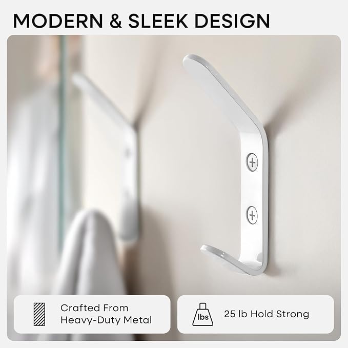 Wall Coat Hook Rack - Set of 4 - White Metal Hooks for Hanging Coats - Hat Hooks - Hat Hangers for Wall