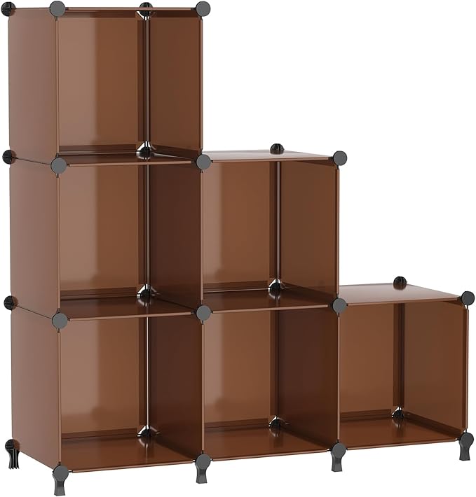 AWTATOS Closet Organizer, 6 Cube Storage Organizer, Closet Storage Shelves | DIY Stackable Closet Storage Cubes Shelf Bookshelf, Plastic Clothes Organizer Shelving for Bedroom, Home, Cocoa Brown