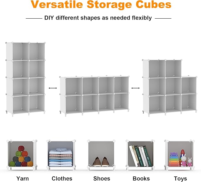 AWTATOS 8 Cube Storage Organizer, Closet Organizer Storage Shelf, White | DIY Stackable Storage Cubes Shelves for Closet, Bookcase Bookshelf, Plastic Shelving for Bedroom, Home Office