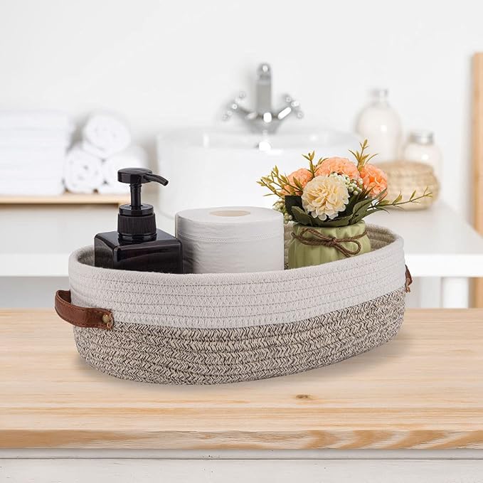 Woven Storage Basket for Toilet Tank Top,Farmhouse Home Decor Organizing Basket for Bathroom,Table and Counter 13"x5.9"x4" Apricot Stitching White