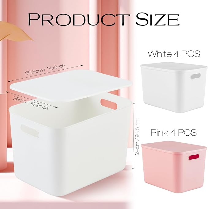 8 Pieces Colorful Storage Bins with Lid, Plastic Storage Basket Organizing Container Stackable Box with Handle for Shelves Desktop Playroom Office(14.2 x 10.2 x 9.5 Inch,White and Pink)