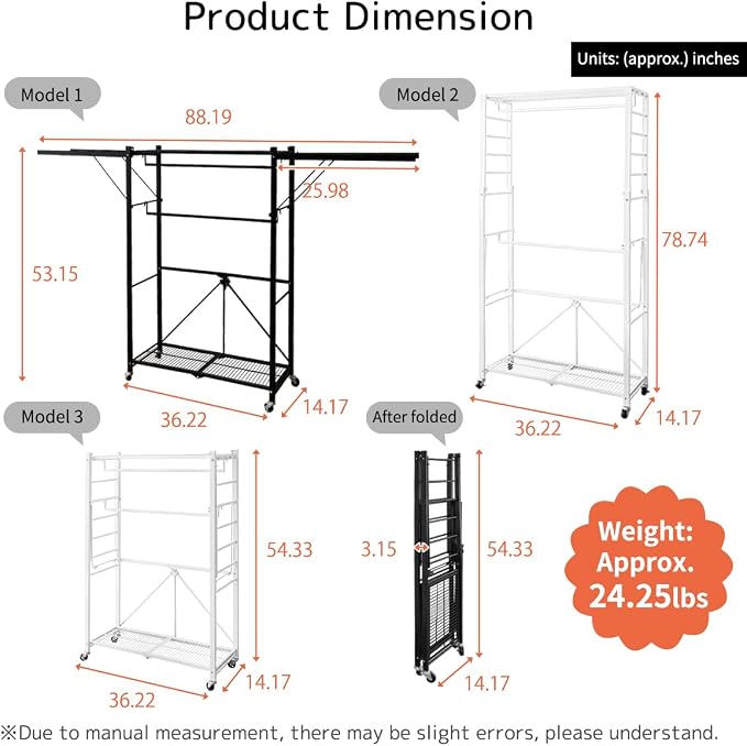 lumizone Folding Clothing Rack with Wheels Expandable Black | Adjustable Garment Rack Portable Clothes Rack for Hanging Clothes Closet Shelves Durable Closet Racks for Hanging Clothes
