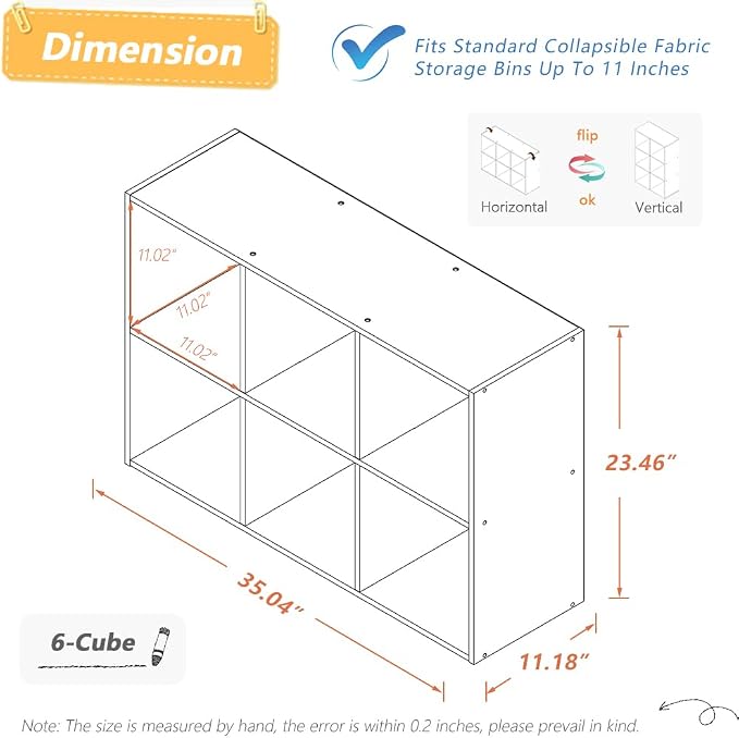 NELYE 6 Cube Organizer Bookcase White Open Shelf | Suitable for 11-inch Fabric Storage Bins, Simple Compartments Bookshelf, Holds 20 Lbs per Cube