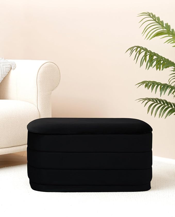 B FSOBEIIALEO Velvet Storage Ottoman with Tray, Folding Ottoman with Storage Coffee Table Shoes Bench for Dorm Room, Living Room Black, 30"x15"x15"