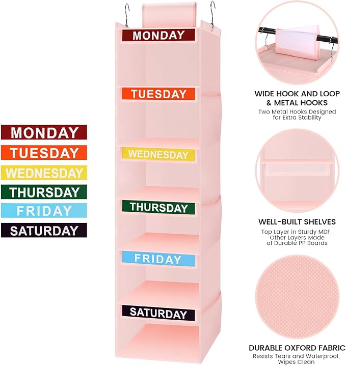 Weekly Clothes Organizer for Kids, 6-Shelf Kid Hanging Closet Organizer w/ 6 Side Pockets, Labeled Weekly Outfit Organizer for Kids, Days of The Week Clothes Organizer Monday Through Friday Pink