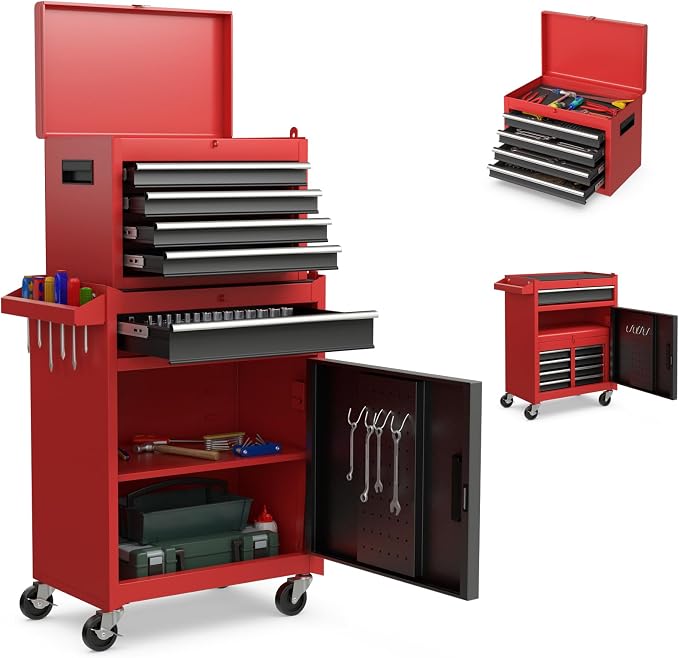 Goplus Tool Chest, 5 Drawers Rolling Tool Cabinet with Detachable Top Toolbox, Universal Lockable Wheels, Lock Bar, Protective Liner & Tool Rack, Metal Tool Storage Cart, Tool Box for Garage Workshop