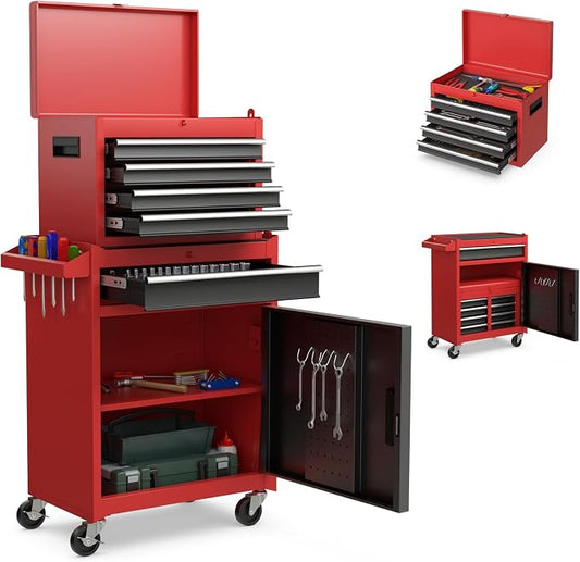Goplus Tool Chest, 5 Drawers Rolling Tool Cabinet with Detachable Top Toolbox, Universal Lockable Wheels, Lock Bar, Protective Liner & Tool Rack, Metal Tool Storage Cart, Tool Box for Garage Workshop