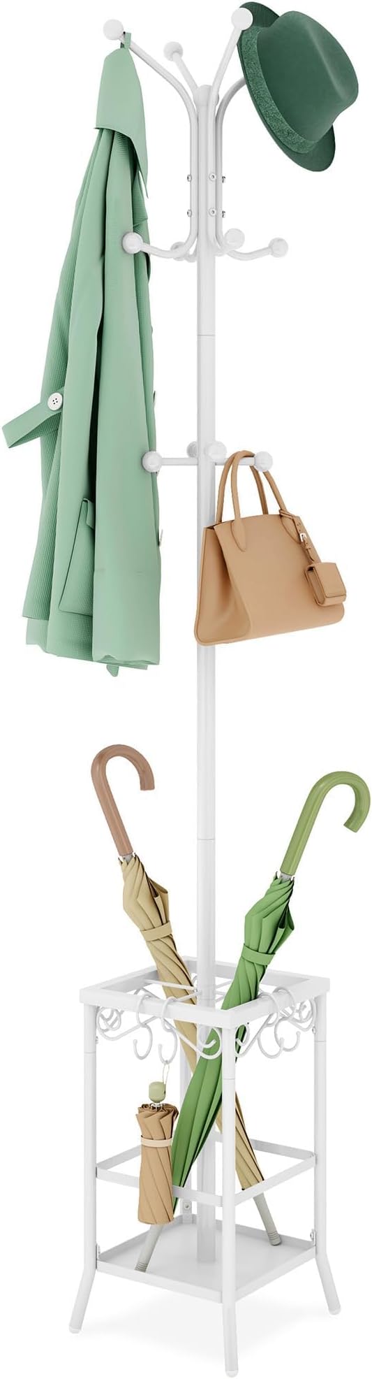 Hoctieon Coat Rack Freestanding, Coat Tree with Umbrella Holder, Metal Coat Rack Stand with 12 Hooks, Standing Coat Hanger Stand, Umbrella Stand for Entryway, Hat Rack Stand for Home Office, White | Metal Coat Rack Stand with 12 Hooks, Standing Coat Ha...