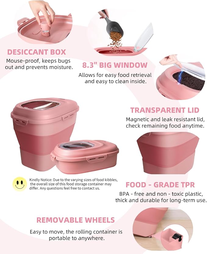 30-35Lbs Airtight Dog Food Storage Container,Collapsible Dog Food Container | Large Pet Food Storage Container with Double Airtight Seal & Magnetic Lid,Dog Food Bin with Wheels,2Pcs Containers,Scoop,Pink