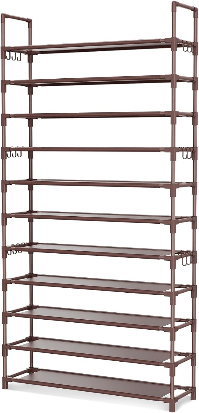 LANTEFUL 11 Tiers Tall Shoe Rack Holds 55 Pairs of Shoes with 18pcs Hooks Sturdy Wide Shoe Organizer Storage Free Standing Metal Shoe Shelf for Closet, Entryway Brown