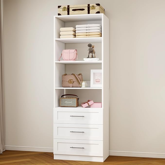Closet System with 3 Drawers and 4 Shelves, Modular Closet Organizer System with Adjustable Shelves & Expandable Rod, DIY Walk in Closet Tower, Closet Organization Systems, White