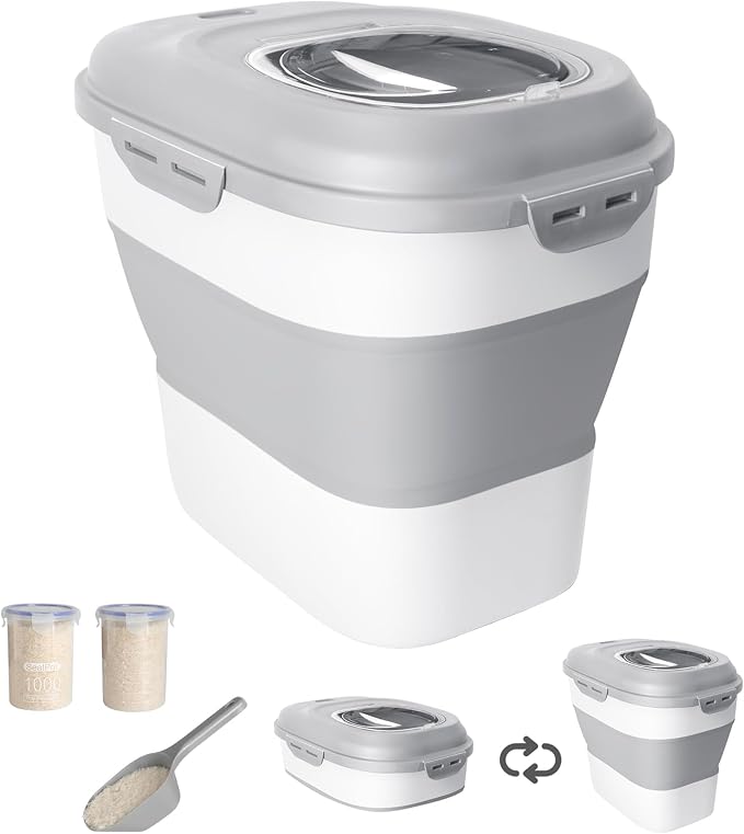 20-50 Lbs Airtight Food Storage Container Wheels,Collapsible Rice Container | Flour Storage Container with Double Airtight Seal,Rice Storage Container with Magnetic Lid,Keep Fresh for Pet Food,Rice,Flour
