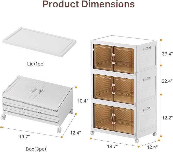 UAMFURI Stackable Storage Bins with Lids, 144QT Lockable Storage Cabinet | Folding Storage Box with Doors and Wheels, Collapsible Plastic Drawers for Home, Garage, Office
