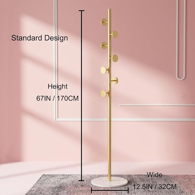 Coat Rack Freestanding Gold Coat Rack For Clothing Hats Bags Ties Purses | Sturdy Metal Clothes Rack with Marble Base & 7 Hooks, Heavy Duty Clothing Hanger Hall Tree Stand for Entryway Bedroom Hallway