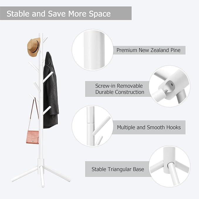 8-Hook Freestanding Coat Rack 3 Adjustable Heights White 2PCS | Easy Tool-Free Setup,Ideal for Entryway Bedroom Hallway Office,Holds Clothes Hats Handbags,Space-Saving Vertical Design