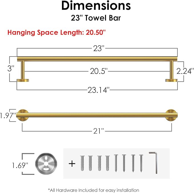 FORIOUS Towel Bar 21" Towel Racks for Bathroom Wall Mounted Brushed Gold | Total Length 23 Inch, Rustproof, Stainless Steel Towel Holder, Wall Mounted for Bathroom Bedroom, Heavy Duty, Space Saving