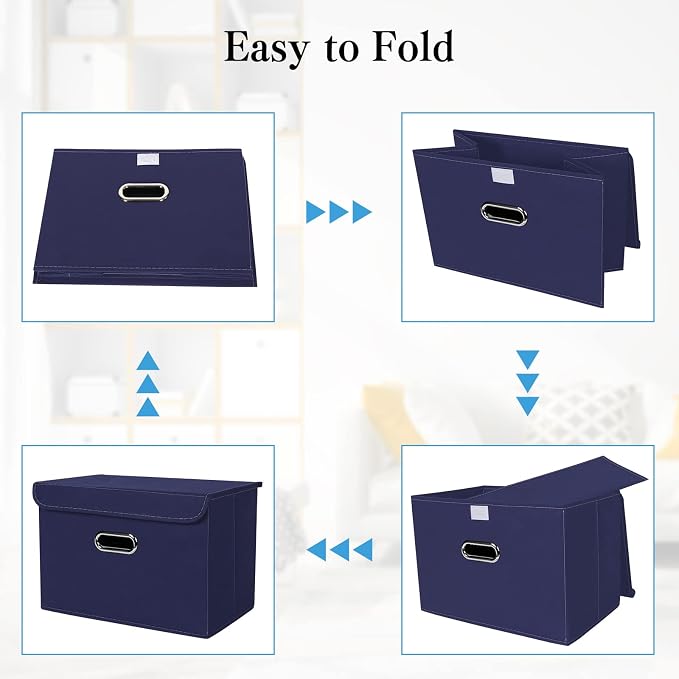 STOREONE Fabric Storage Cube Bins Foldable Organizer Container Collapsible Basket with Lids and Metal Handles, for Home, Bedroom, Closet 3 Pcs (Navy Blue)