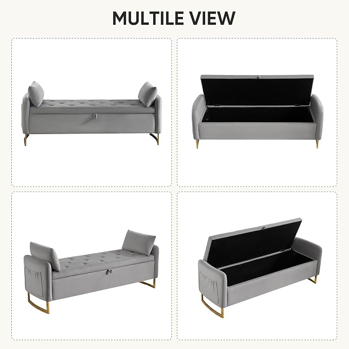 65" End of Bed Storage Bench, Storage Bench for Bedroom with Tufted Button Upholstered and Gold Legs, Ottoman Bedroom Benches with Armrests for Living Room Window, Light Grey