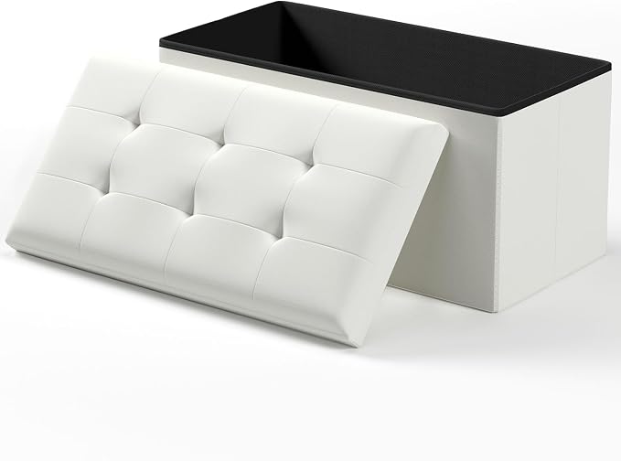 Folding Storage Ottoman Bench, White, 30 Inches | Multi-Functional Ottoman Foot Rest, End of Bed Bench, Storage Chest, Living Room, Bedroom, Hallway, Entryway, 600 lb Capacity