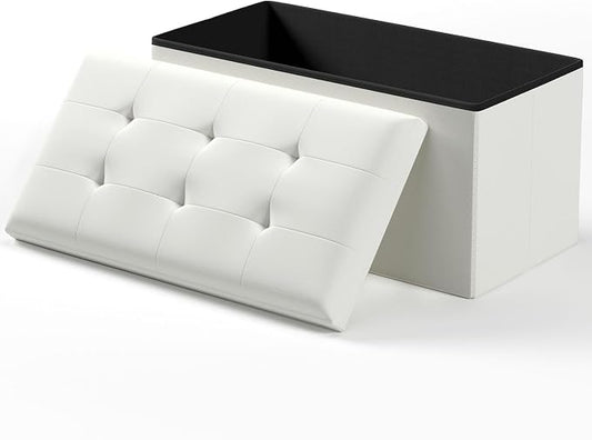 Folding Storage Ottoman Bench, White, 30 Inches | Multi-Functional Ottoman Foot Rest, End of Bed Bench, Storage Chest, Living Room, Bedroom, Hallway, Entryway, 600 lb Capacity