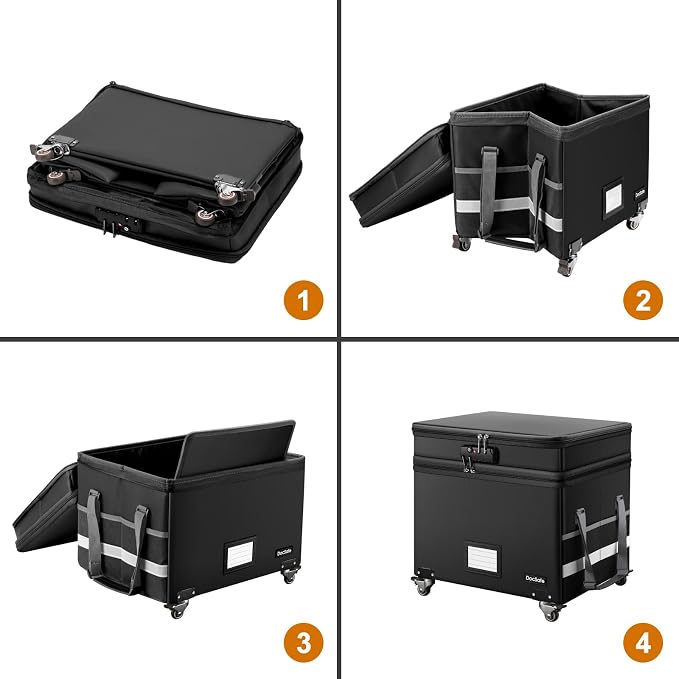 DocSafe Fireproof Document Box with Lock,2-Layer File Box with Wheels,Collapsible File Storage Organizer with Pockets,Large Portable Home Filing Cabinet for Hanging Folders,Black,16''x13.8''x12.2''