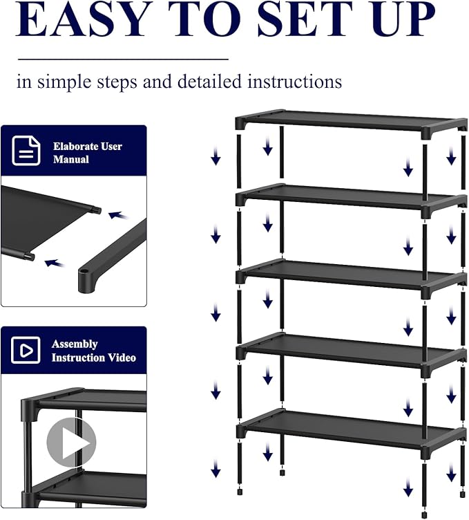Kitsure Shoe Rack - Non-Woven Shoe Rack Shelf, Shoe Organizer for Closet, Entryway, Garage & Corridor, Stackable Shoe Shelves, 27.5" Wide - 5 Tier, Black | Shoe Organizer for Closet, Entryway, Garage, Stackable Shoe Shelves, college dorm&apartment esse...