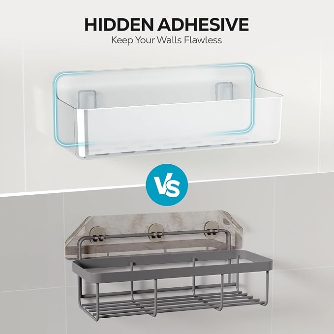 Nieifi Adhesive Shower Shelves, Clear, 2 Pieces | Rustproof ABS, Large Capacity, Removable Design, Easy-Clean, No Drilling Shower Organizer for Bathroom Storage & Home Decor