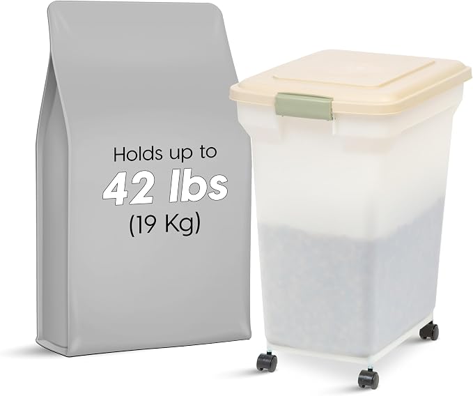 IRIS USA Airtight Dog Food Storage Container, WeatherPro, Up to 40 lbs, Removable Wheels, for Dog Cat Bird and Other Pet Food Storage Bin, Keep Fresh, Translucent Body, Made in USA, Almond/Pearl