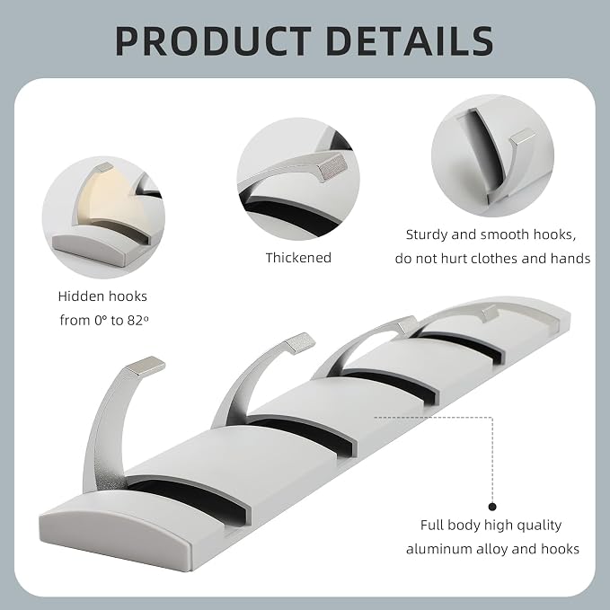 Foldable Stylish Modern Hook Rack with 5 Hooks, Coat Hooks Wall Mount, Metal Coat Hook Rail for Coat Hat Towel Purse Robes Mudroom Bathroom Entryway (White and Silver)
