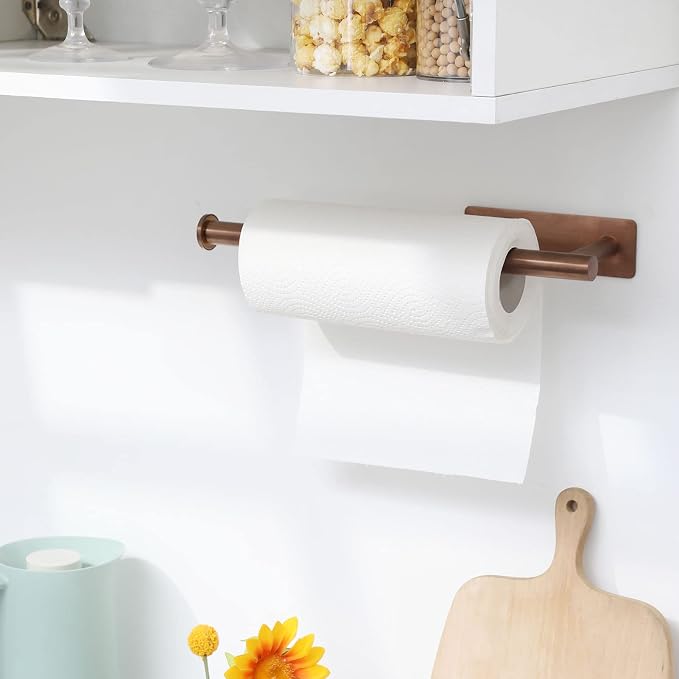 theaoo Under Cabinet Paper Towel Holder for Kitchen,Self-Adhesive,Rose Gold | Wall Mounted Paper Towel Roll Rack for Bathroom or Kitchen, SUS304 Stainless Steel, Install with Adhesive or Screws