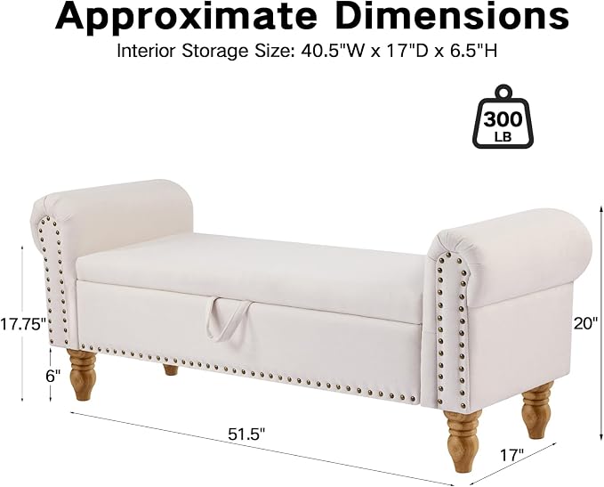 55" Bench for End of Bed Storage Benches, Queen End of Bed Bench Corduroy Upholstered Storage Ottoman Window Bench with Storage, for Bedroom, Entryway, Closet, Off-White