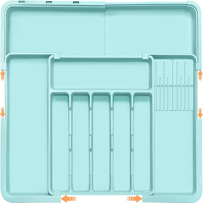 Homecor Silverware Organizer - Expandable Large Kitchen Drawer Organizer Utensil Organizer with 2 Knife Block Inserts, 22"x 19"Cutlery Tray with Drawer Dividers for Kitchen Flatware (Turquoise)