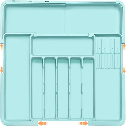 Homecor Silverware Organizer - Expandable Large Kitchen Drawer Organizer Utensil Organizer with 2 Knife Block Inserts, 22"x 19"Cutlery Tray with Drawer Dividers for Kitchen Flatware (Turquoise)