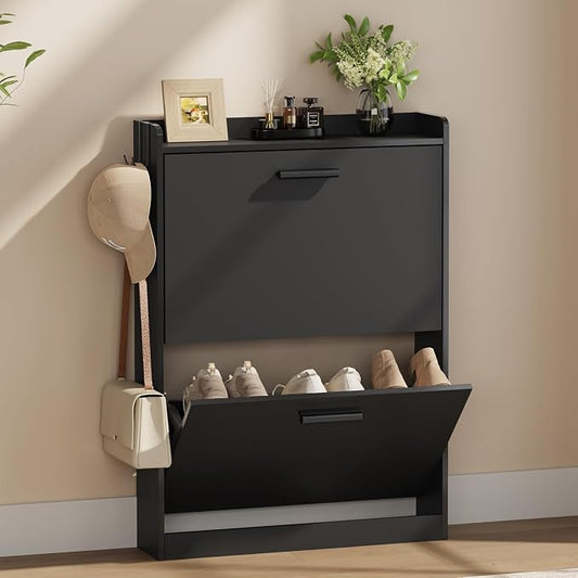 Shoe Cabinet Organizer with 2 Flip Drawers,Narrow Shoe Rack 23.6" W White | Freestanding shoe storage cabinet for entryway,foyer and hallway,slim design and space-saving flip drawers