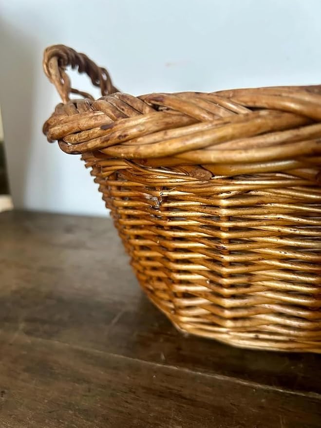 Handwoven Wicker Storage Basket with Handles, Rustic Farmhouse Decorative Basket, Natural Brown Woven Basket for Kitchen Pantry Bathroom Bedroom, Multipurpose Organizer Basket