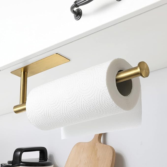 theaoo Under Cabinet Paper Towel Holder for Kitchen, Adhesive, Gold | Wall Mounted Paper Towel Roll Rack for Bathroom or Kitchen, SUS304 Stainless Steel, Self-Adhesive or Screw Installation