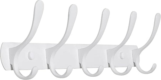 SKOLOO Coat Rack Wall Mount White- Modern, Metal Wall Coat Rack with 5 Hooks, Sturdy Wall Mounted Coat Hooks for Hanging Coat, Jacket, Clothes, Hats