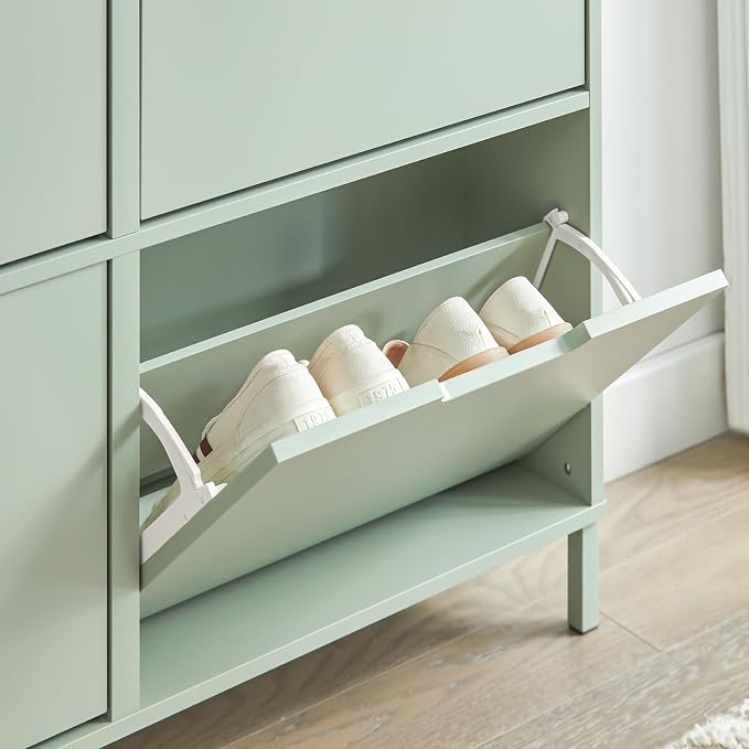 Haotian Green Shoe Cabinet with 4 Flip-Drawers | Narrow Freestanding Shoe Rack, Slim Shoe Organiazer for Entryway Hallway Mudroom, FSR100-GR