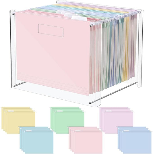 Dispowreath 24 Hanging File Folder with Acrylic Organizer for Letter/a4 Size Desktop Clear File Storage Box with Handles for Home Work Office Use (Pastel)