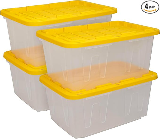 CX 27-Gallon Heavy Duty Clear Stackable Storage Bins with Lids, 4 Pack | Clear plastic totes for garage organization, Stackable, weather-resistant, snap lids, 14.3H x 20.6W x 30.6D, Clear/Yellow