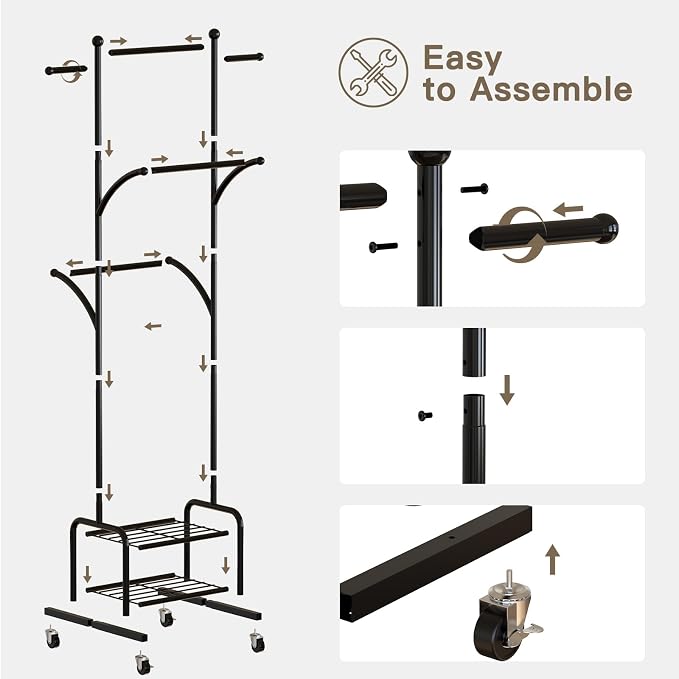 Rolling Clothes Rack with 2 Shelves, Small Metal Clothing Rack with Wheels | Gasvadivum 71" Tall Sturdy Garment Rack with 3 Hanging Rods, Freestanding Portable Coat Rack for Bedroom, Entryway, Black