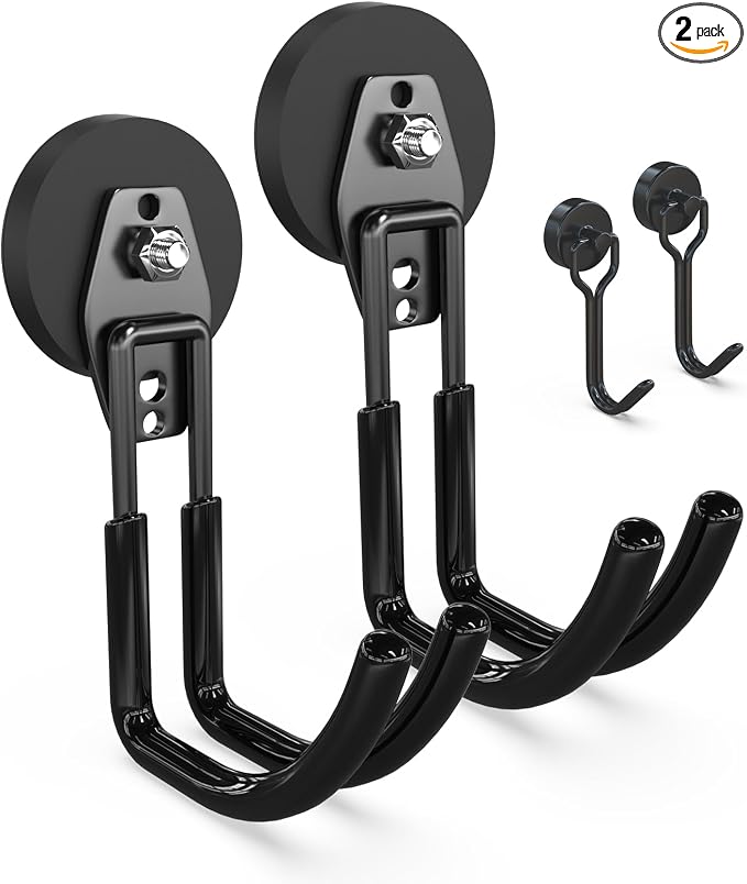 3-H Heavy Duty Magnetic Hooks, Large Magnet Hooks,2 Pack Black | No-Drill Tool Holder for Garage,Power Drill,Garden Tools,Hose Storage
