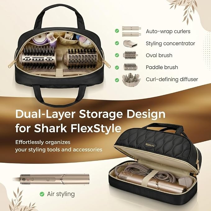 Mancro Carrying Case for Shark FlexStyle, Quilted Hair Tools Travel Bag | with Heat-Resistant Mat, Travel Case for Dyson Airwrap & Shark FlexFusion, Hair Dryer Organizer for Women, Black